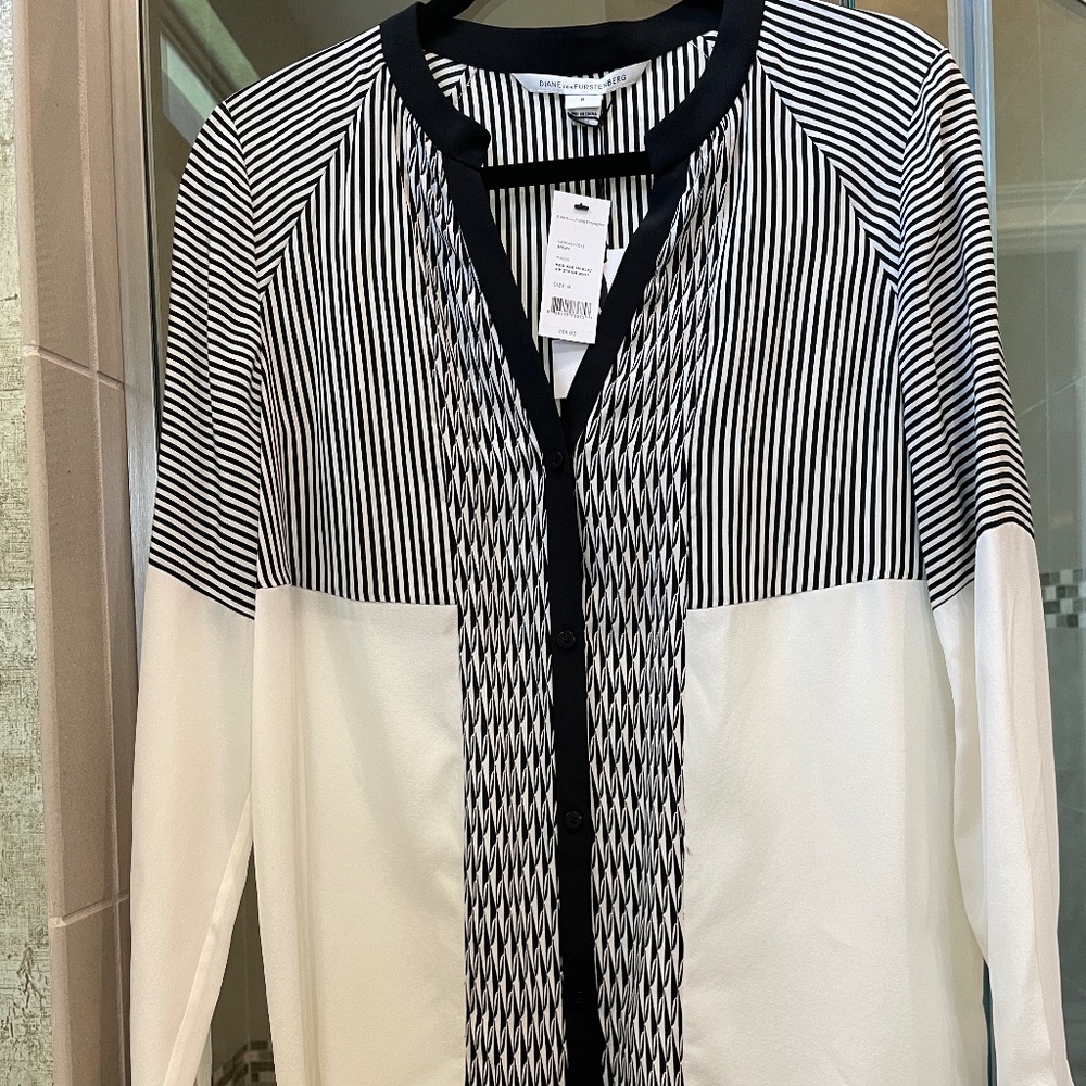 Diane Von Furstenberg-Shelby Button Front Blouse-blk/off wht-size 8-NWT